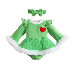 Baby toddler girl grinch inspired romper Dress with Red Heart